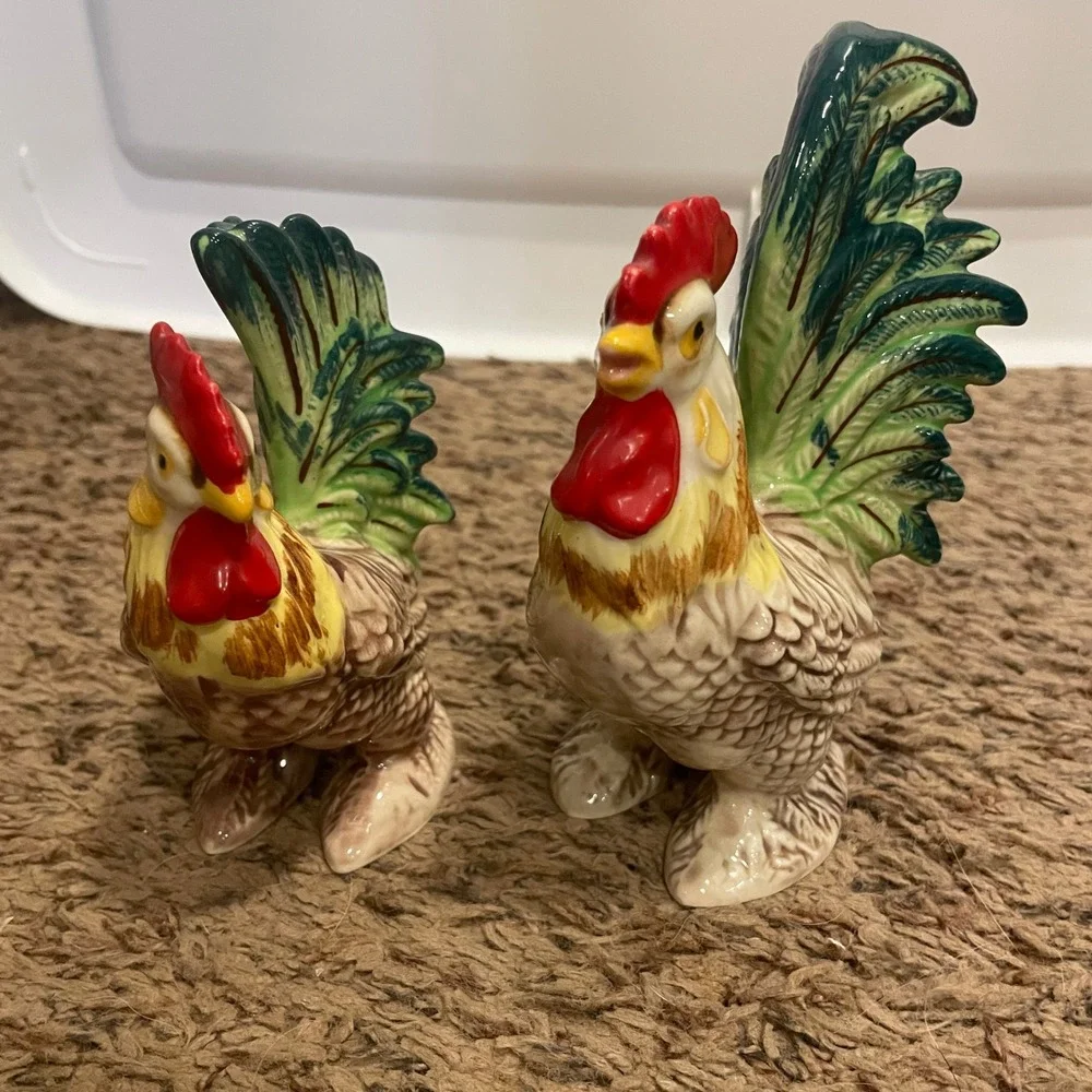 Vintage Napco Ceramic Rooster & Hen Figurines Farmhouse Country Kitchen‎ Decor